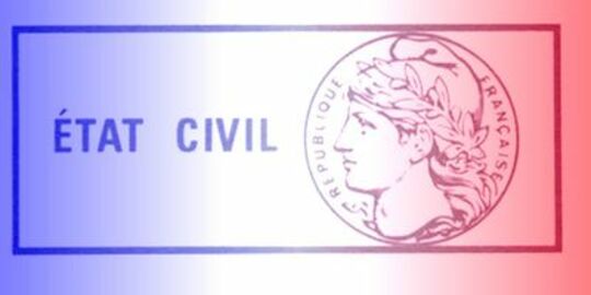 Logo état civil sous fond bleu, blanc et rouge, avec la tête de Marianne.